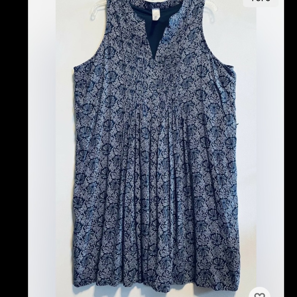 RUSH Sleeveless Blue and White Print Lined Dress Pintuck Front Womens Sz S
